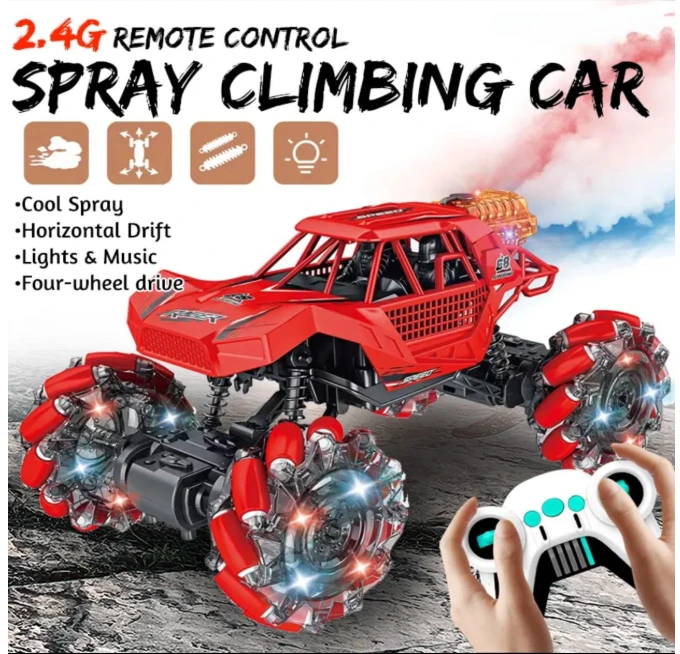Remote Control Monster Truck Drift Stunt 360 Degree Limit Left Right Rotation Red Spray Rock Car for Kids